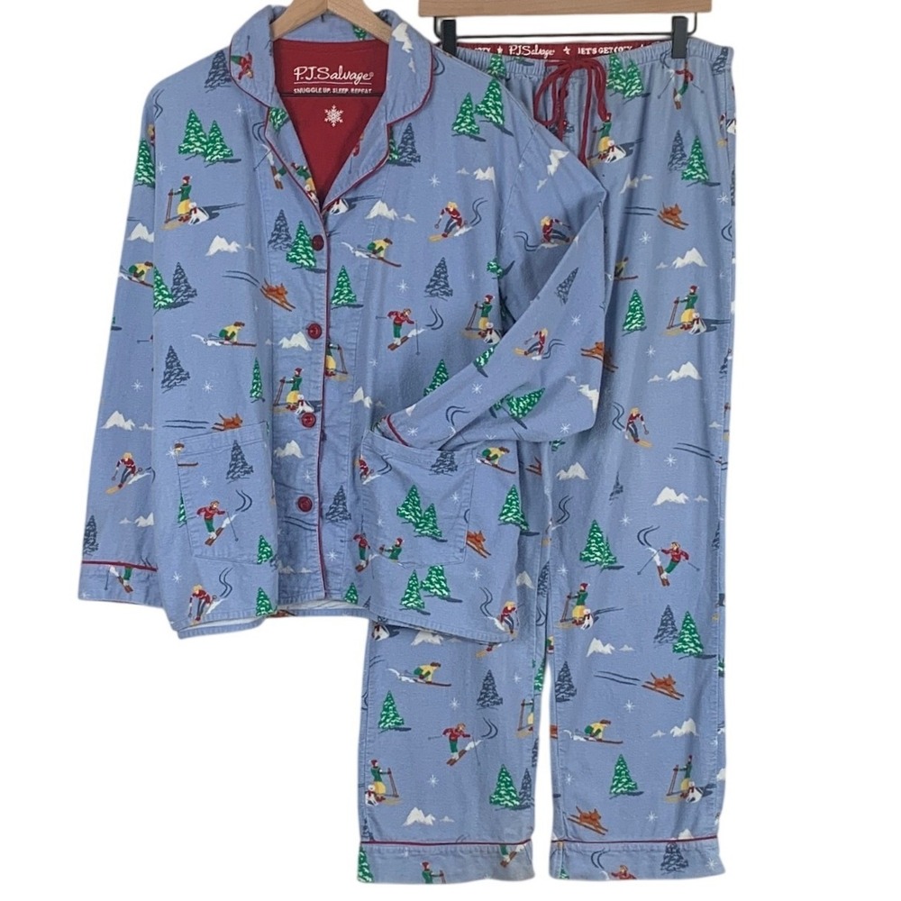 PJ SALVAGE Flannel Ski Print Pajama Set Women's L Blue Winter Holiday Cozy